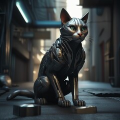 Wall Mural - AI generated illustration of a robotic feline figure standing in a dark city street