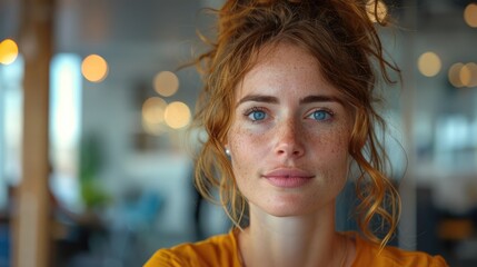 Wall Mural - Portrait of a woman sitting at a table in an office and looking camera with colleagues working in the background. Generative AI