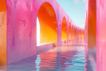 Fototapete - 3D minimalist soft plastic Aqueducts in pink and orange, designed,