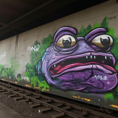 Wall Mural - Purple frog graffiti on a wall near the train rails, AI-generated.