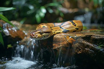 Poster - A boa constrictor with a body of flowing water, hydrating the rainforest with each slithering moveme