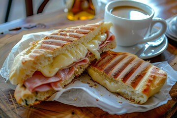 Wall Mural - Sandwich with ham and cheese served with a cup of coffee