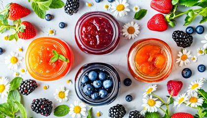 Wall Mural - Homemade assortment of berries and fruits jams in jars. Summer harvest in sweet preserves, confitures or jams.