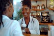 Young woman in a white medical overcoat buying takeaway coffee at a coffee shop, AI-generated.