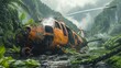 AI generated illustration of a helicopter grounded in lush jungle foliage