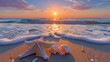 AI-generated illustration of seashells and a starfish on the beach during sunrise