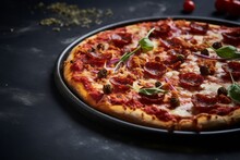 Refined Pizza On A Slate Plate Against A Galvanized Steel Background