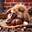 AI generated illustration of a real bunny eating the ears off a chocolate bunny