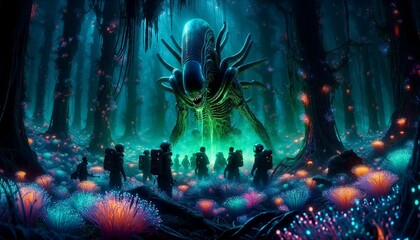 Wall Mural - first contact: bioluminescent encounter in an alien forest - ai generated digital art