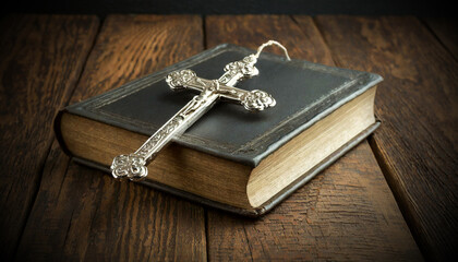 Wall Mural - Closeup of a silver crucifix above an old Holy Bible, above an old wooden table with copy space. Concept of prayer and Christian religion. Generative Ai.