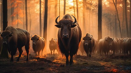 Poster - AI generated illustration of a herd of bison grazing in a forest at dusk, illuminated by glow of sun