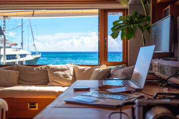 a living room with a view out at the water, and with computers and laptop