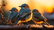 AI-generated illustration of Three silhouetted birds on a branch against a vibrant orange sunset sky