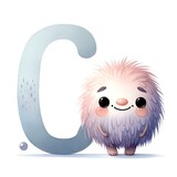Fototapeta Londyn - Whimsical Fuzzy Monster and Letter 'C' Watercolor - AI Generated Digital Art