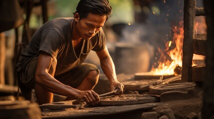 Wall Mural -  A young man is forging iron in a traditional kiln. Conveys Thai wisdom 