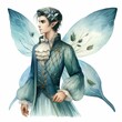 Fairy king with a majestic presence. watercolor illustration, Perfect for nursery art, fantasy monarch in crown and mantle. Medieval fairytale prince character.
