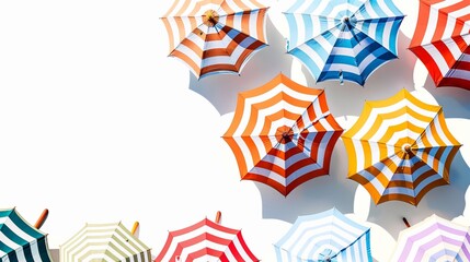 Wall Mural - A banner design set featuring striped beach umbrellas against a white backdrop, perfect for summertime promotions