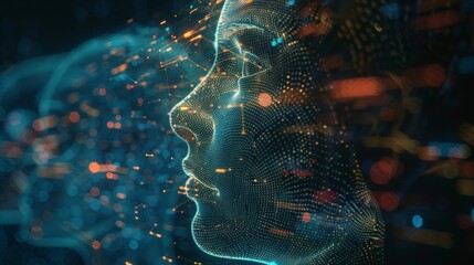 Poster - The virtual head of Artificial Intelligence (AI). The concept of deep learning. The hologram and the rendering in 3D.