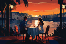Love Couple Talking On Date In Cafe By The Sea. Man And Woman Sitting At Table In Romantic Evening, Rendezvous. Lovers Chatting In Restaurant. Vector Illustration