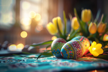 Wall Mural - AI generated illustration of a festive Easter scene with colorful eggs