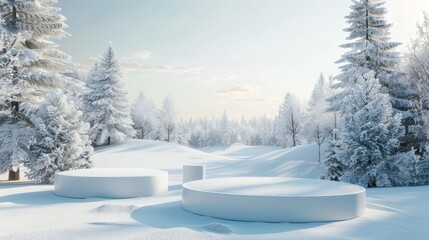 Poster - An abstract winter landscape scene with a podium where products can be displayed.