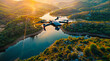 Drone Over Serpentine River at Sunset - AI generated digital art