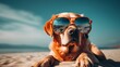 AI generated illustration of a Golden Retriever in sunglasses, lying on the beach
