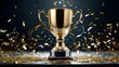 © zahid - championship cup or winner trophy in golden and silver shiny chrome with celebration confetti and ribbon decoration as wide banner