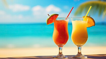 AI generated illustration of two glasses of juice on a beach-side table