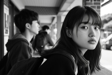 a woman waiting for the train with two men standing behind her