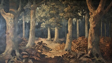 Wall Mural - AI generated illustration of an enchanted forest in a storybook style