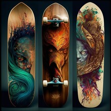 Four Skateboards Sitting Next To Each Other With Colorful Designs