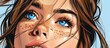a close up of a woman s face with blue eyes and freckles . High quality