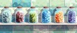 A row of jars filled with colorful candies on a shelf, displaying a variety of natural food ingredients like pineapple, fruit, and plantbased extracts in hues of blue and green