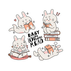 Set of illustrations with a bunny who loves to read books. Children's leisure and hobbies. Love of reading. World Book Day. Cute vector illustration in cartoon style isolated on transparent background