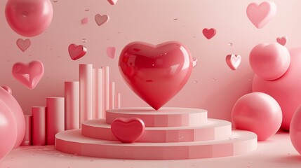 Poster - The background is a 3D rendering of an abstract product display with a heart and steps for Valentine's Day.