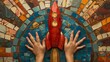 The launch of a red rocket, cradled by youthful hands against a wooden mosaic, illustrates the joy of starting a journey
