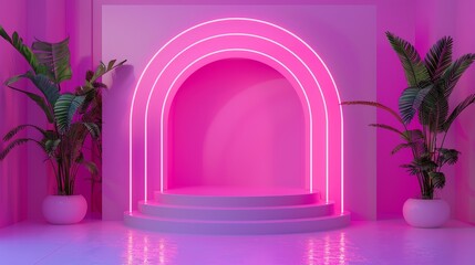 Leinwandbilder - 3D render of a geometric landscape with neon pink forms, a podium arch, minimal background, pink background.