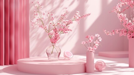 Poster - Fashion beauty pink color backdrop for cosmetic product display. Natural beauty backdrop for cosmetic product display.