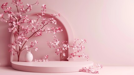 Poster - This is a 3D rendering of a natural beauty backdrop for displaying cosmetic products. The background is in pink color and looks very stylish.