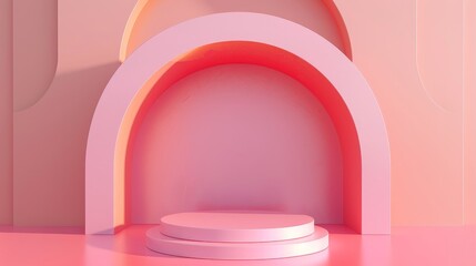 Leinwandbilder - 3D rendering of geometrical forms, arch with podium, minimal background, pink background.