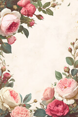 Poster - Vintage frame border with pink flowers and a gold frame