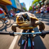 Fototapeta Tulipany - Turtle riding a bicycle in a crowded city.	