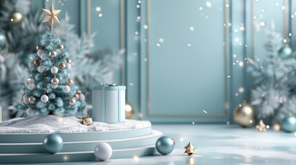 Leinwandbilder - An abstract 3D composition of a winter Christmas tree and a stage for displaying products.