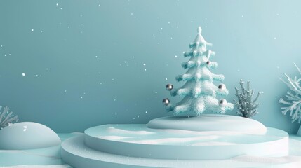 Wall Mural - This is an abstract 3D composition depicting a winter Christmas backdrop with a Christmas tree and stage for demonstrating products.