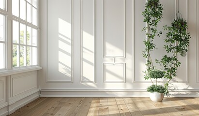 Wall Mural - Serene sunlit room with hanging plants and white walls