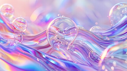 Poster - The background is an abstract 3D art background with floating holographic liquid blobs, soap bubbles, metaballs, etc.