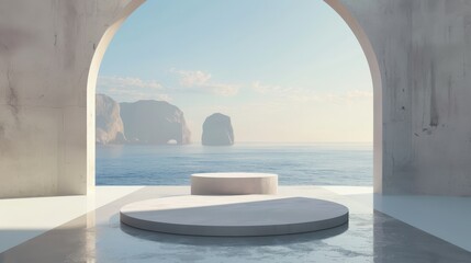 Leinwandbilder - The scene consists of geometrical forms, an arch and a podium in natural daylight with minimal landscape background. A sea view is visible in the distance. A summer scene is in the background with 3D