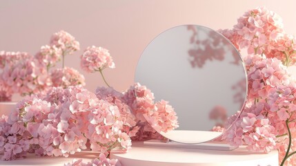 Sticker - Angular mirror podium backdrop on hydrangea flower background. 3D rendering.