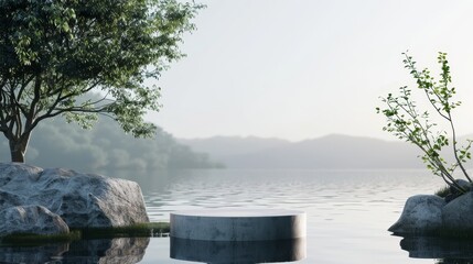 Canvas Print - A 3D scene of a cylinder podium in a garden with water in the background.